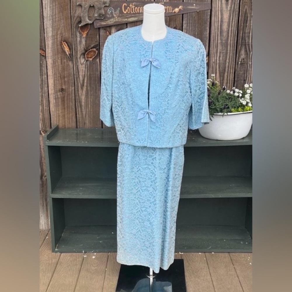 Vintage dusty blue lace dress and jacket size Large no label 2124